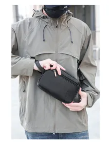 Borsa pochette in pelle PU da uomo marsupio da viaggio portatile borsa da polso design nero