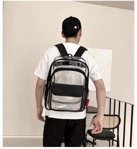 Transparenter PVC Rucksack Stadion zugelassen klare Reisetasche Schultasche mit schwarzem Rand.