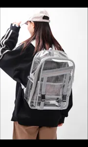 Transparenter PVC Rucksack für Studenten und Events, geräumiges Design mit grauen Gurten.