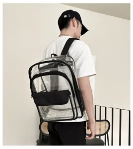 Transparenter PVC Rucksack mit schwarzem Rand, wasserdichte Stadion Schultasche fur Reisen.