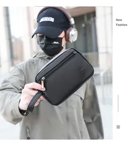 Uomo PU pelle pochette borsa da viaggio beauty case borsello da polso organizzatore