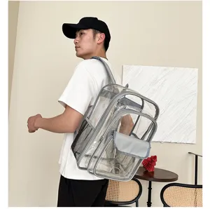 Detailansicht des transparenten PVC-Rucksacks mit grauen Kanten und praktischen Netztaschen.