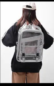 Transparenter PVC Rucksack Detailansicht mit stabilen grauen Gurten, Reißverschlusstaschen und Netzen.