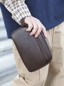 Borsa da toeletta da viaggio in pelle PU da uomo, pochette portatile con cinturino.