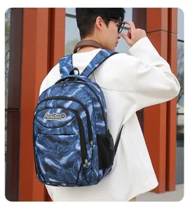 Stylish blue marble pattern backpack with multiple compartments for daily travel and outdoor use.