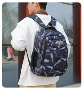 Men's stylish dark marbled casual backpack with multiple compartments and durable shoulder straps.