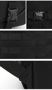 Tactische rugzak detail met duurzame gespen, MOLLE webbing en versterkte bandstiksels voor sterkte.