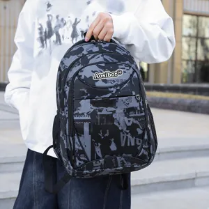 Outdoor camo backpack detail view, large capacity casual travel school bag for students.