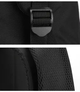 Close-up detail van de verstelbare rugzakbandjes en ademende mesh schouderriem materiaal.