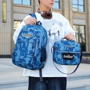 Blue camouflage backpack and lunch bag set, large capacity outdoor travel school bag.