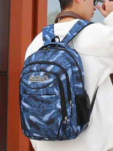 Waterproof blue abstract printed travel backpack for outdoor sports school daily use.