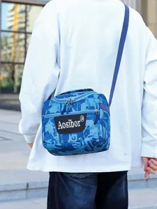 Blue camo insulated lunch bag large capacity crossbody outdoor travel cooler bag students.