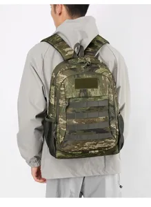 Detailed view of tactical camouflage backpack, showing durable fabric and MOLLE webbing system.