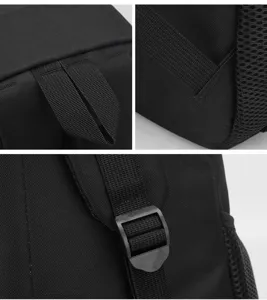 Backpack detail close-up view showing durable fabric stitching, strong straps and adjustable buckle.