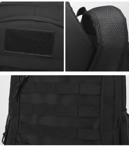 Black tactical backpack detail shot showcasing durable molle webbing and breathable mesh straps.