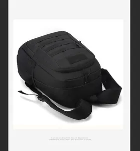 Detail view of the black tactical backpack, showcasing durable multi-layer storage capacity.