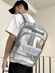 Transparenter PVC Rucksack für Reisen und Schule mit wasserdichten Fächern und grauen Gurten.