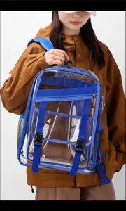 Transparenter PVC Rucksack Detail mit blauen Gurten, Doppelreißverschluss und geräumigem Design.