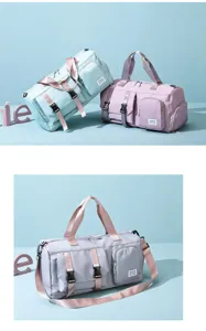 Detailed view of large capacity multi-functional travel gym bag with shoe compartment and wet pocket.