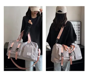 Large capacity multi-functional travel gym bag with pink straps and shoe compartment.