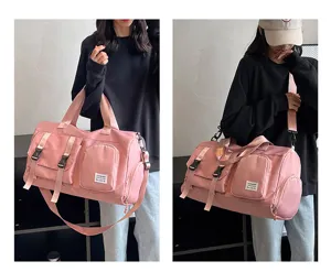 Large capacity multi-functional travel duffel bag with shoulder strap and multiple pockets.