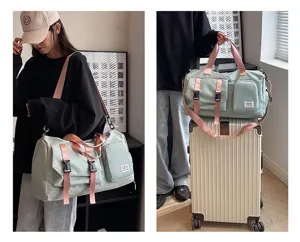 Large capacity multi-functional travel duffel bag with wet dry separate shoe compartment.