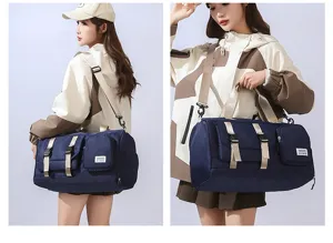 Large capacity travel duffel bag with separate shoe compartment and dry wet separation design.