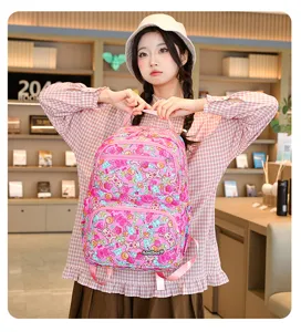 Sac a dos rose imprime dessin anime pour etudiant, grande capacite avec poches multiples.