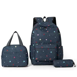Juego de Mochila Floreal Estilo Preppy Con Bolsa de Almuerzo Y Estuche Estampado de Fresa Corazón Mochila Escolar Para Adolescentes Unisex