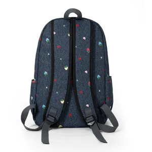 Mochila azul oscura con lindo estampado de fresas y corazones, bolso casual para uso diario.