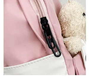 Primo piano dettaglio cerniera zaino bambini e ciondolo orsetto, design rosa bianco.