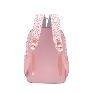 Mochila escolar con estampado de leopardo rosa para estudiantes, vista trasera correas.