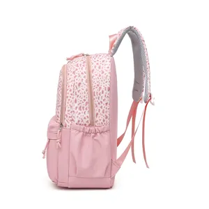 Mochila escolar con estampado de leopardo rosa para estudiantes, gran capacidad vista lateral.