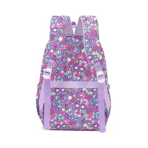Sac a dos d'ecolier graffiti cartoon violet, cartable casual elegante avec bretelles reglables