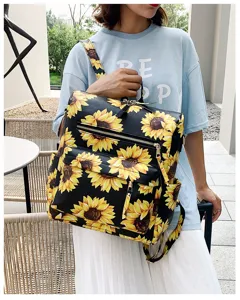 Zaino donna stampa girasole in pelle PU casual borsa per la scuola viaggio quotidiano moda