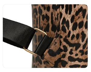 Leopard print PU leather backpack detail, featuring metallic hardware and durable woven strap.