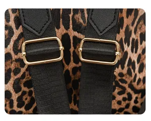 Detailed view of leopard print backpack strap featuring golden metal adjuster buckle.