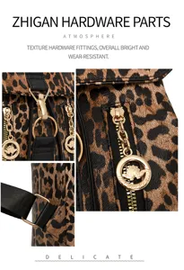 Leopard print PU leather backpack detail showing premium gold hardware and zipper pull.