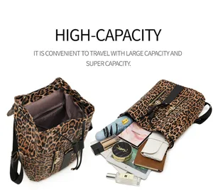 Women leopard print PU leather backpack large capacity casual school book bag travel daypack