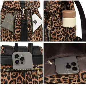 Detailed view of leopard print PU leather backpack showcasing multi-pocket capacity and zippers.