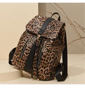 Leopard print PU leather women backpack detail, stylish casual school bag rucksack