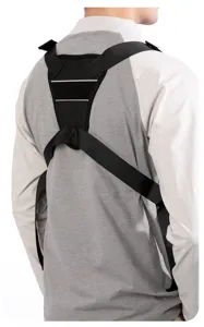 Tactical vest harness back detail showing breathable mesh, adjustable straps and reflective strip.