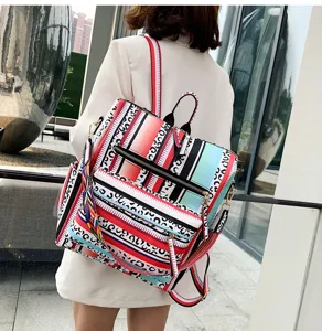 Vista dettagliata dello zaino moda colorato con stampa leopardata, spallacci e tasche con zip.