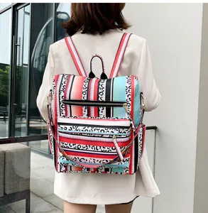 Vista dettagliata dello zaino da donna con stampa leopardata multicolore per viaggi.