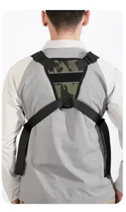 Back view detail of tactical chest bag and training running vest for outdoor sport.