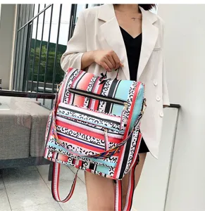 Vista dettagliata dello zaino da donna alla moda a righe colorate con tasca frontale con zip.
