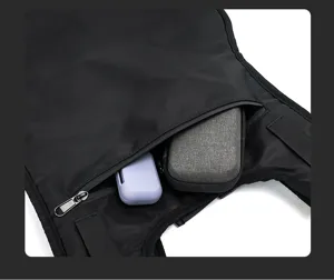Detailed view of tactical chest bag, multi-functional sport vest pocket with storage.