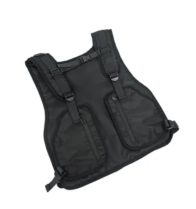 Tactical vest chest bag detail, black multi-pocket utility rig for outdoor sports training.