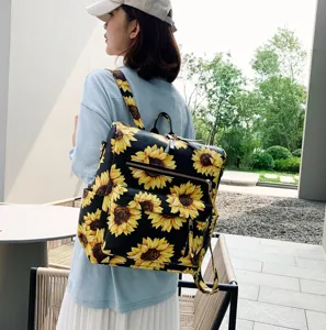 Zaino alla moda con stampa girasole da donna, borsa da viaggio casual da esterno pratica.