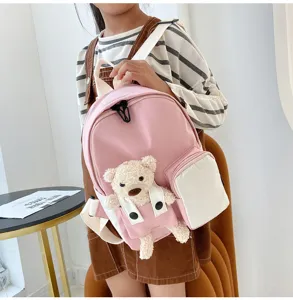 Dettaglio ravvicinato di zainetto rosa per bambini con orsetto di peluche, uso quotidiano.